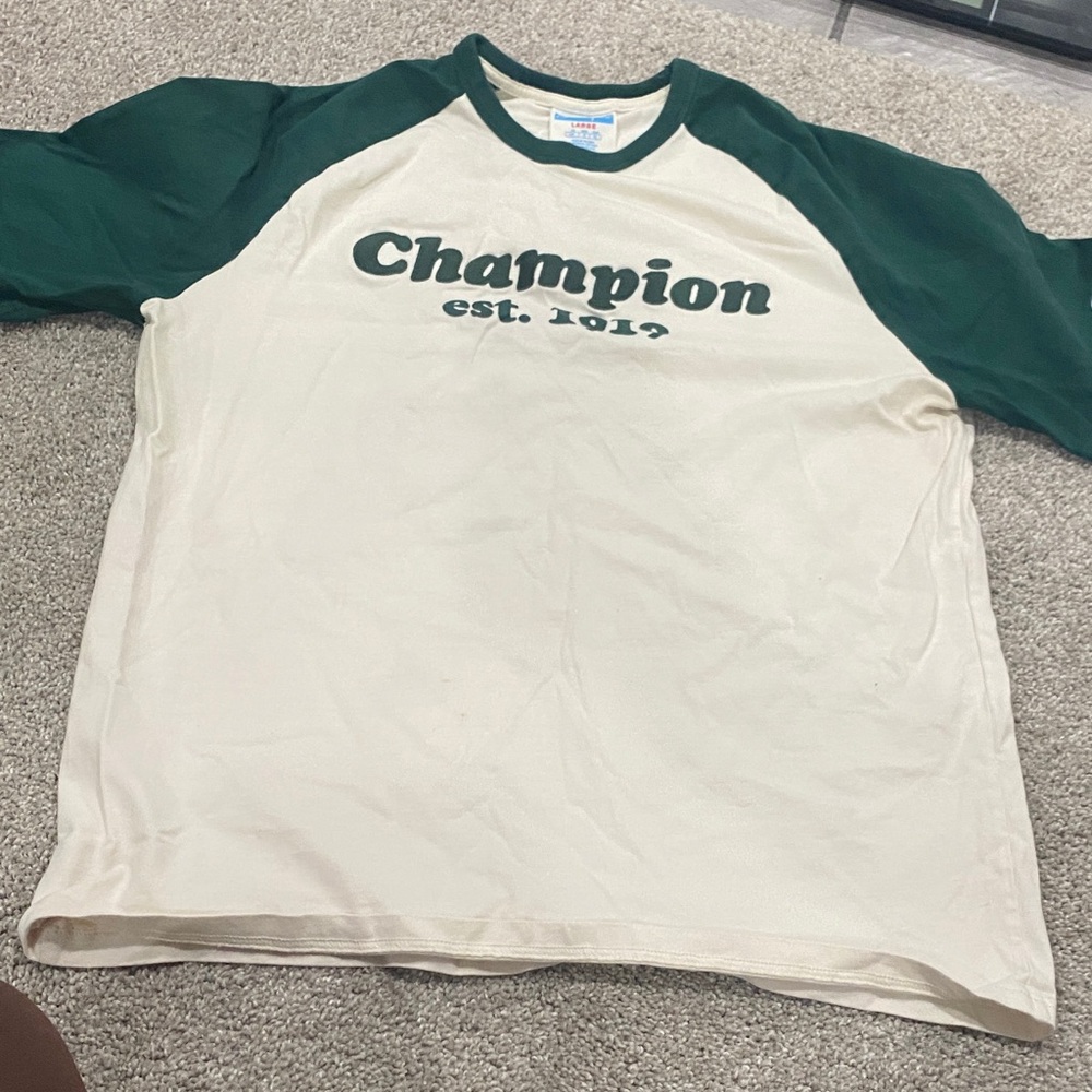 Champion Men's Long Sleeve Tee in Green and Cream